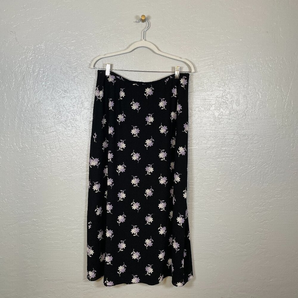 Vintage Liz Claiborne Women Petite 14P Black White Purple Floral Maxi Skirt Y2K